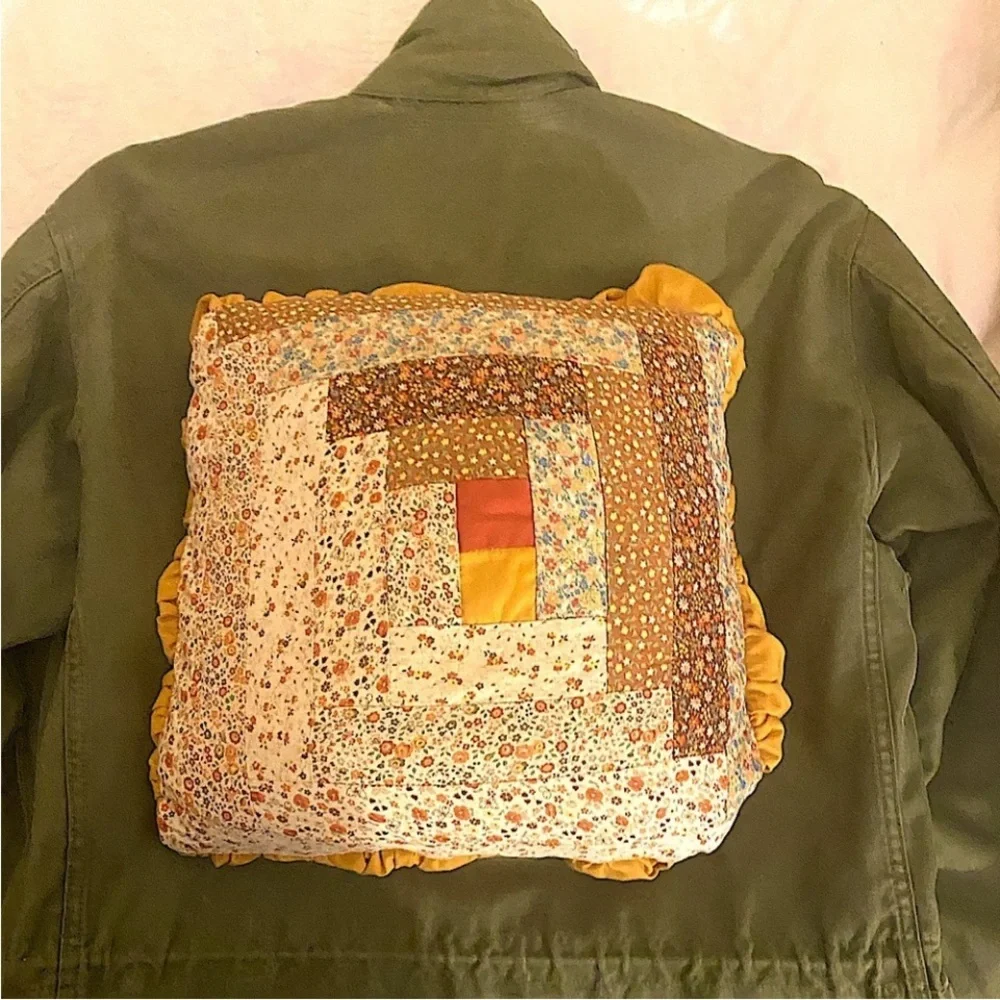 Antique Log Cabin Quilt Pillow Floral Back Terracotta Gold Applecore Aesthetic
